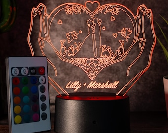 Personalisierbare 3D-LED-Lampe "Herz & Hände" – das perfekte Geschenk für Verliebte!
