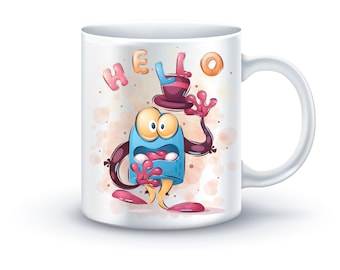 Hello Funny Mug  Quirky Cartoon Character Cup for Teens & Coffee Lovers | Cute Kawaii Morning Gift