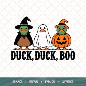 May include: A graphic illustration featuring three ducks in Halloween costumes: one wearing a black witch hat and cape, one dressed as a white ghost, and one inside a carved orange pumpkin with a witch hat. The text DUCK, DUCK, BOO appears below.