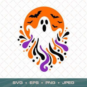 May include: A white ghost graphic centered in front of a large orange circle with black silhouettes of flying bats. The design features flowing, abstract splashes of orange, black, and purple paint dripping downward from the ghost figure.