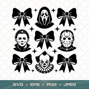 May include: A black and white graphic design featuring a grid of five decorative bows and four horror movie character icons, including a masked figure, a hockey mask, and a clown, with small four-pointed stars and the text SVG, EPS, PNG, JPEG.