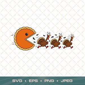 May include: A digital illustration featuring a large, orange, circular pumpkin pie with a wide, open mouth chasing three brown turkeys. The turkeys have wide, panicked eyes and open beaks, running away with small black feathers trailing behind them.