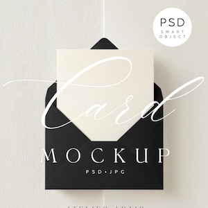 May include: A black envelope with a cream-colored card inside, featuring the word "Card" in elegant script. The word "MOCKUP" is below the card, with "PSD + JPG" underneath. A "PSD SMART OBJECT" logo is in the upper right corner.