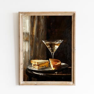 Martini Grilled Cheese Sandwich Print | Quirky Whimsical Food Still Life | Cocktail Wall Art Bar Cart Decor | Vintage Oil Painting Style