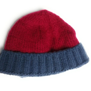 Hand crafted 2 tone Knitted fisherman trawler Skull beanie Hat Burgundy Blue