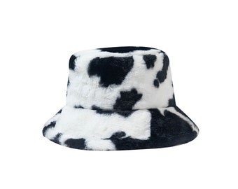 Stylish New Soft Fleecy hand made Faux Fur Bucket hat Cow print Black white