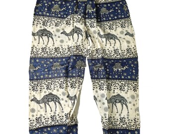 Hand made Camel Print Hippy Boho Beach Festival style summer Rayon Slouch Long pants Blue