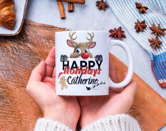 パーソナライズされたクリスマスマグ、カスタムトナカイマグ、マグ
