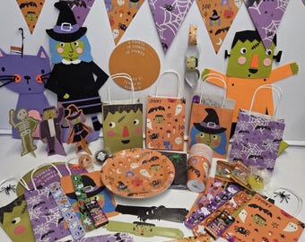 Halloween Party Pack for 10: Plates, Cups, Napkins, Decorations, Games, Treat Bags