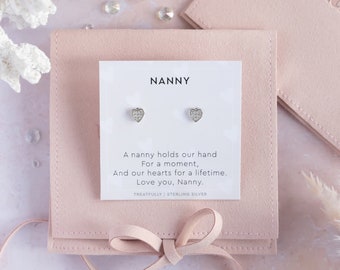 Nanny Gift: Boxed Earrings for Nanny, Sterling Silver Tiny Heart Studs, Nan Gifts UK, Jewellery for Nanny, Gift to Nanny from Grandchildren