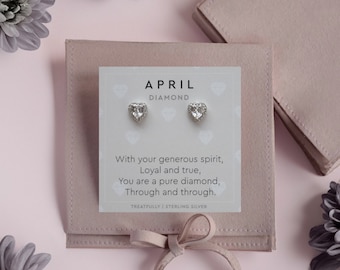 April Birthstone Earrings, Gifts for April Birthdays, Friendship Earrings, Sterling Silver, Earring Gifts UK