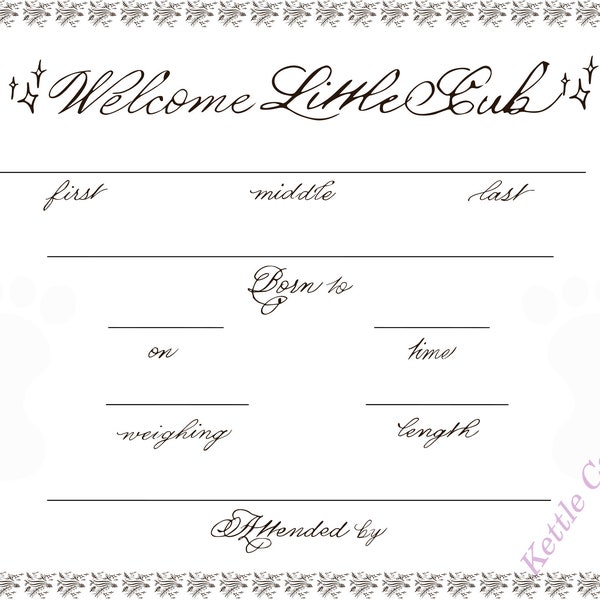 Welcome Little Cub Keepsake Birth Certificate, Home Birth |Hospital Birth |Nursery Wall Art Birth Statistics INSTANT DOWNLOAD