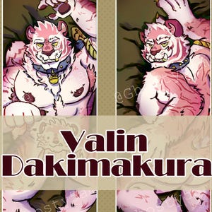May include: A digital illustration featuring a white tiger-like character with pink accents, wearing a collar and gold accents. The image is divided into four panels, with the text "Valin Dakimakura" at the center.