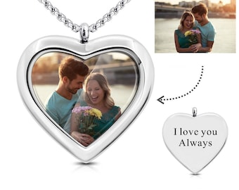 Custom heart photo frame pendant necklace - Personalized love jewelry with individual image & engraving text in silver as customized gift