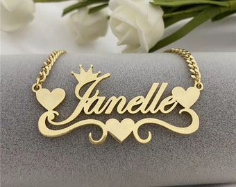 Name Halskette personalisiert mit Wunsch Text & Herz Ornamenten in gold - Persönliche Namenskette, Gravur Wort Hals Kette, Schmuck Geschenk