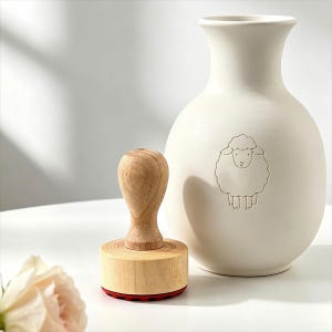 Könnte beinhalten: Ein Holzstempel mit hellem Griff und Sockel, mit einem roten Stempelkissen. Daneben eine cremefarbene Vase mit einem Schafdesign. Die Artikel stehen auf einer weißen Oberfläche, mit einer zartrosa Blume im Vordergrund.