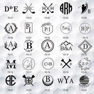 May include: A collection of twenty-five black circular and geometric monogram designs arranged in a grid. Each design features unique combinations of letters, golf-themed icons, floral wreaths, and mountain silhouettes, labelled FD-01 through FD-25.