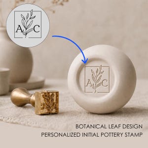Personalized Initial Pottery Stamp with Botanical Leaf Design, Custom Brass Clay Stamp, Monogram Ceramic Maker’s Mark, Gift for Potters