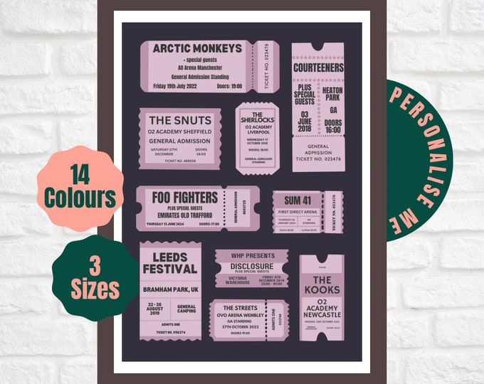 Custom Gig Ticket Poster  //  Personalised Concert Ticket Stub Print // Gallery Wall Art A2 A3 A4