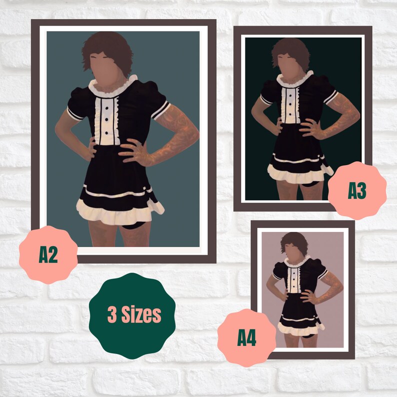 May include: Three framed prints of a person wearing a black and white maid outfit. The prints are in different sizes: A2, A3, and A4. The background colors of the prints are teal, dark green, and light purple.