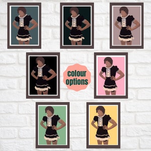 May include: A digital illustration of a person wearing a black and white maid outfit with a frilly collar and cuffs. The background is a solid color, with options for teal, dark green, black, pink, green, and yellow.