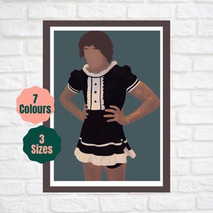 May include: A digital illustration of a person wearing a black and white maid outfit with a ruffled skirt. The person is standing with their hands on their hips and has brown hair. The background is a teal blue color.