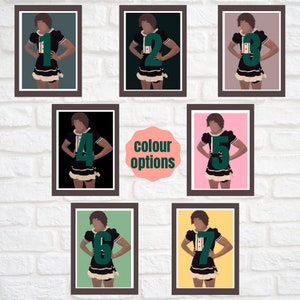 May include: Seven different color options for a printable art print featuring a cartoon illustration of a person wearing a black and white maid outfit. The person is standing with their hands on their hips. The background color options are teal, dark green, light brown, black, pink, green, and yellow.