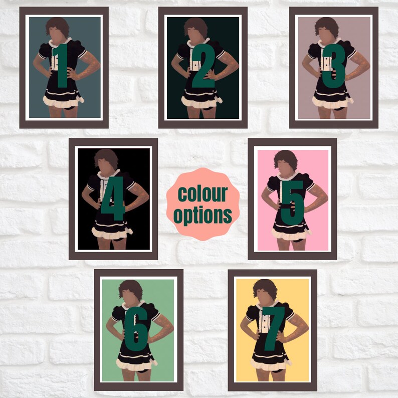May include: Seven different color options for a printable art print featuring a cartoon illustration of a person wearing a black and white maid outfit. The person is standing with their hands on their hips. The background color options are teal, dark green, light brown, black, pink, green, and yellow.