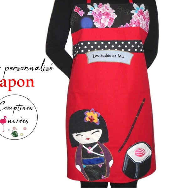 joli tablier de cuisine femme avec prénom style Japonais motif poupée kokeshi avec sushi au thon, tablier toile de coton rouge et tissu noir