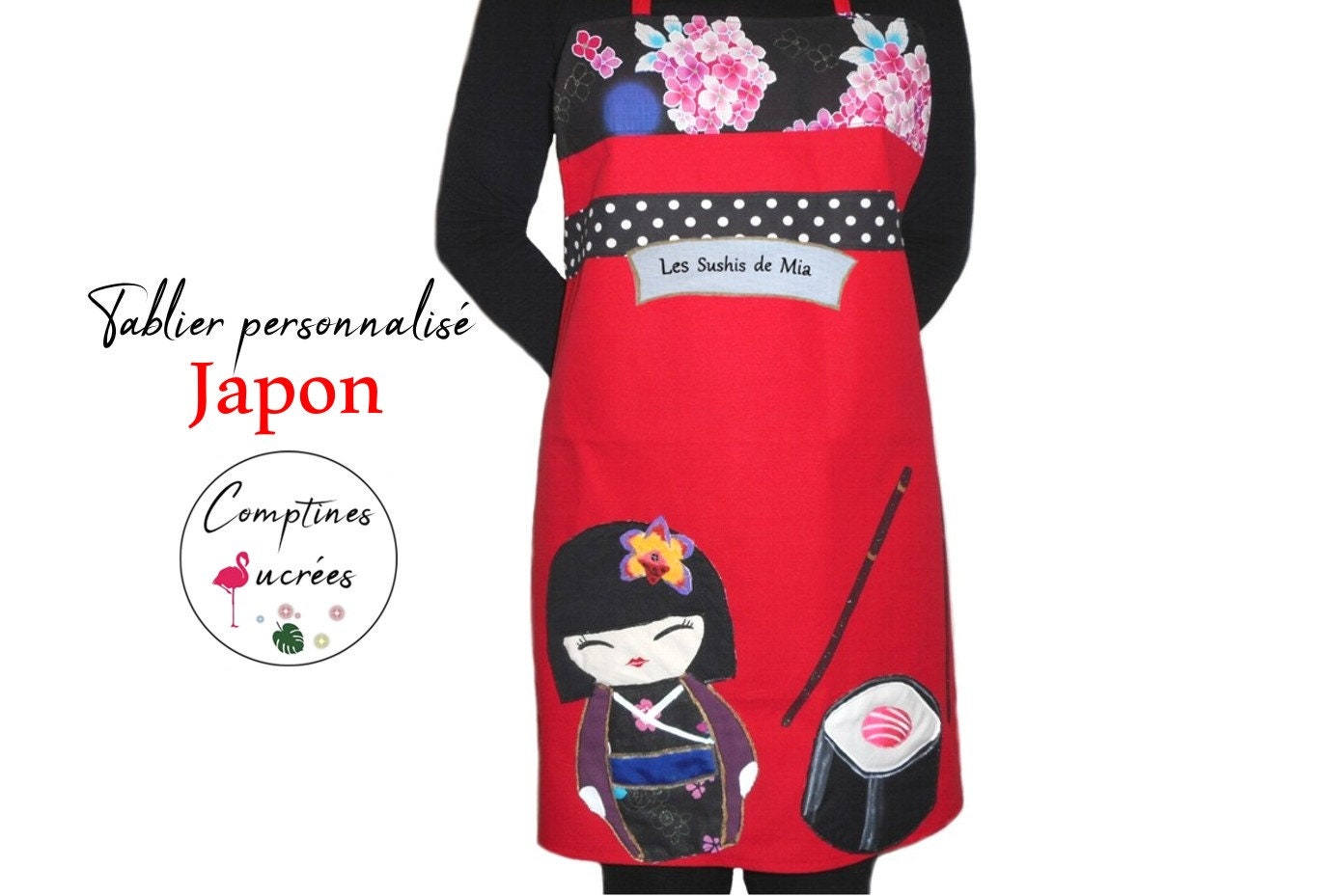 Joli Tablier de Cuisine Femme avec Prénom Style Japonais Motif Poupée Kokeshi Sushi Au Thon, Toile C