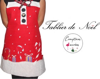 Joli tablier de cuisine femme de noel en toile de coton rouge et fourrure blanche