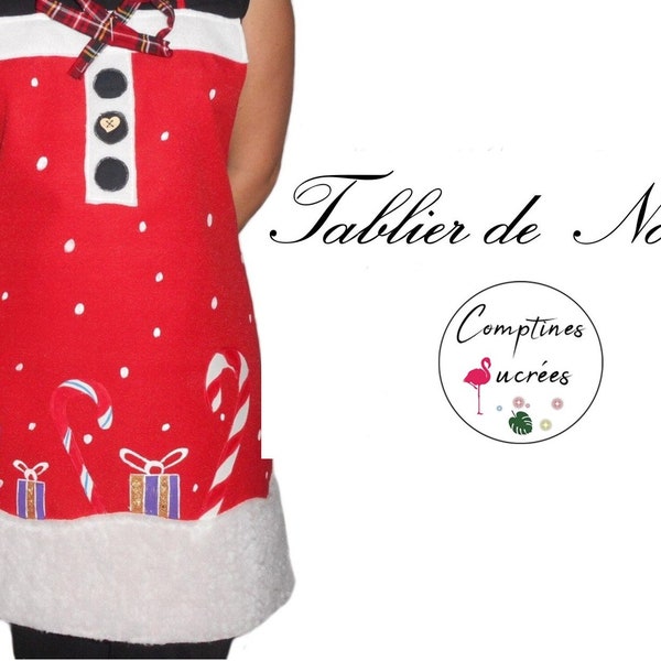 Joli tablier de cuisine femme de noel en toile de coton rouge et fourrure blanche