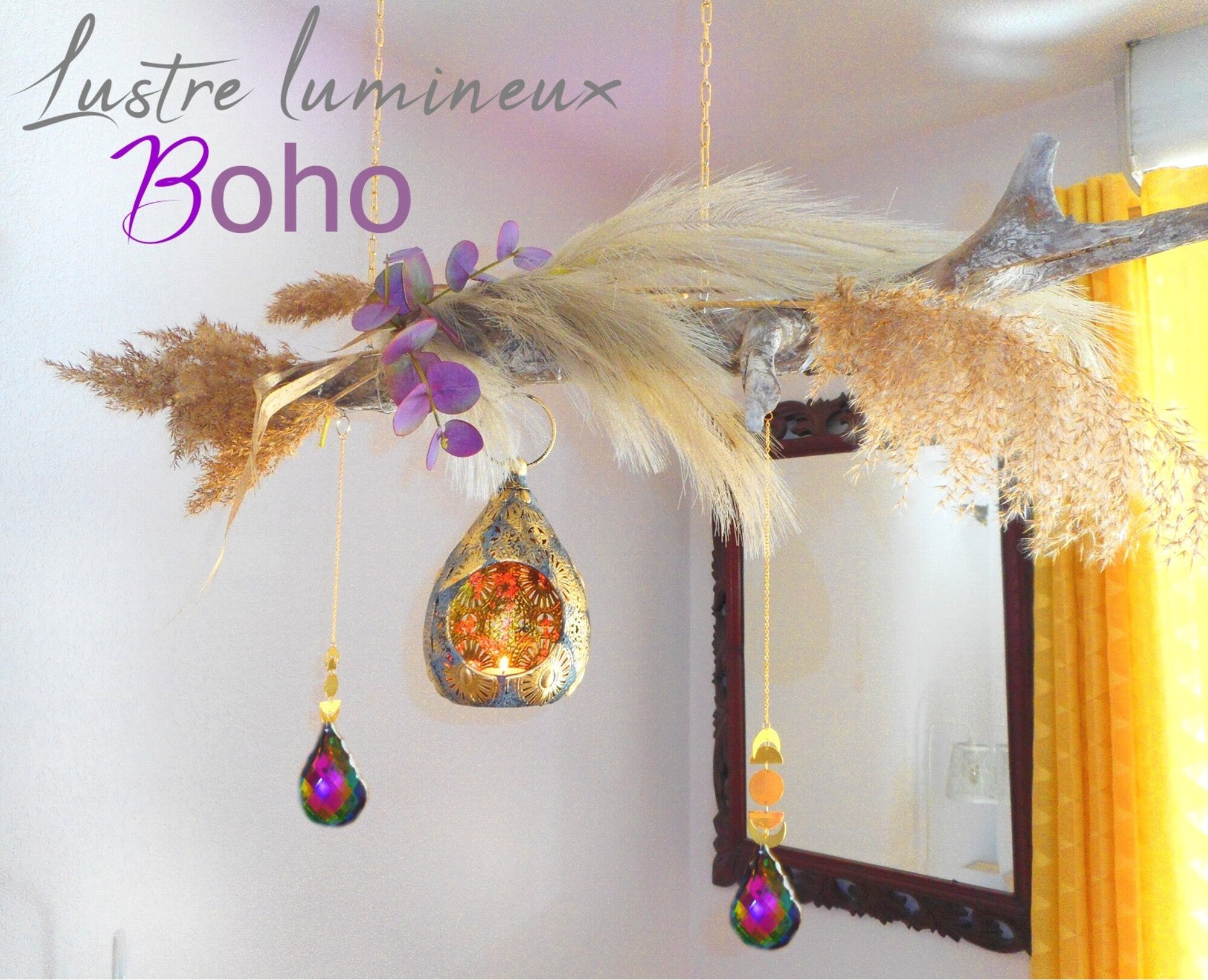 Lustre en Bois Flotté, Végétal Lumineux Style Bohème Chic avec Pampa, Photophore Ethnique et Bijoux 