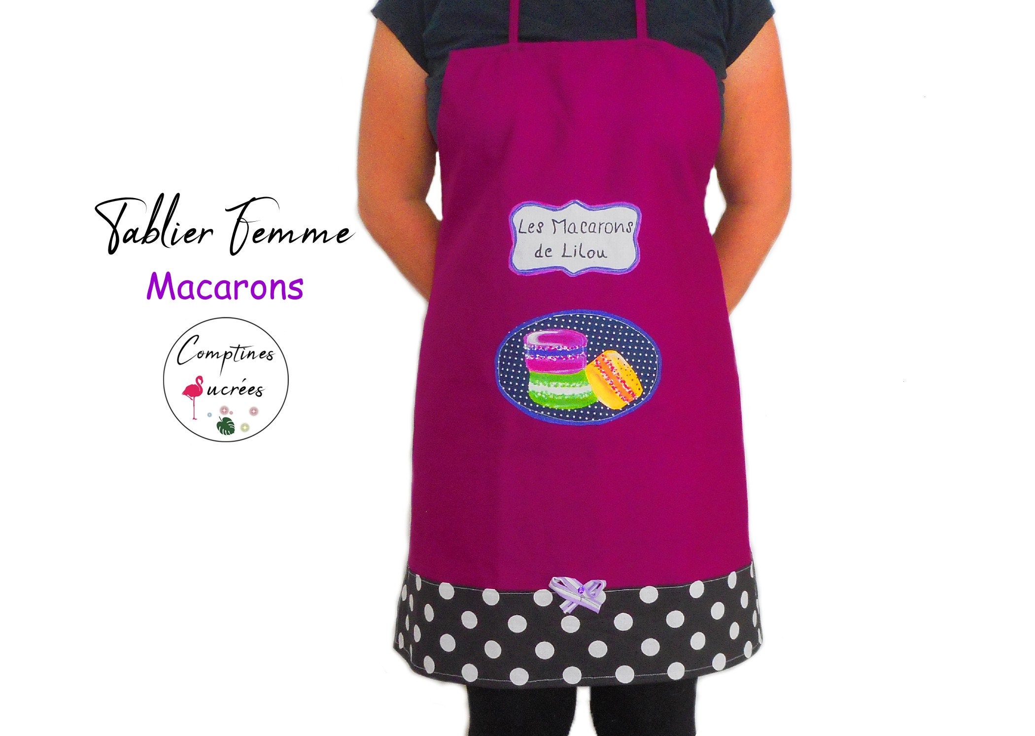 Tablier de Cuisine Femme avec Prénom Motif Macarons Gourmandise, Chic Tissu Noir à Pois Blancs en To