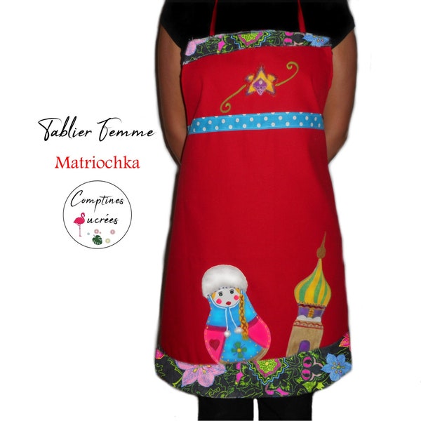 Joli tablier de cuisine femme avec matriochka, rouge en toile de coton motif poupée Russe chapka et cathédrale St Basile avec tissu à fleurs