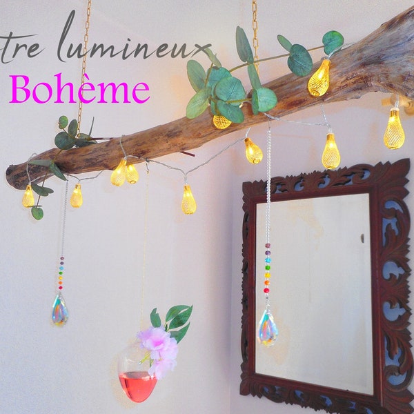 Création Lustre en bois flotté original lumineux, bohème chic végétal et photophore pour ambiance salon