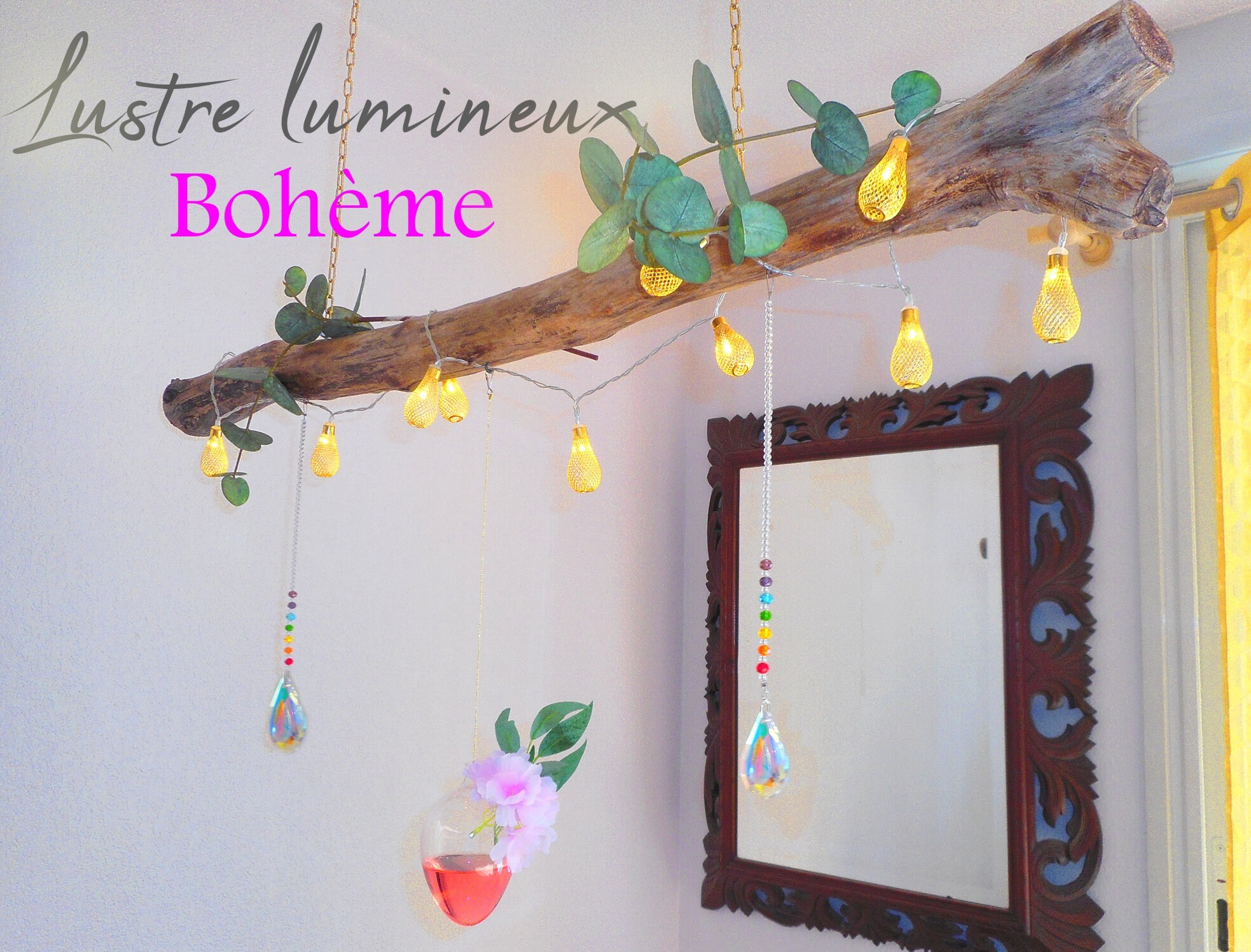Création Lustre en Bois Flotté Original Lumineux, Bohème Chic Végétal et Photophore Pour Ambiance Sa