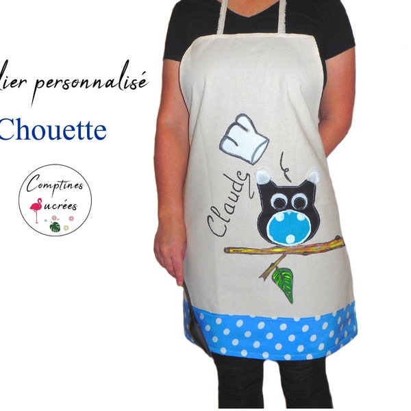 Tablier de cuisine femme personnalisé motif chouette en toile de coton beige