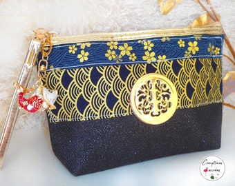 Elegant women's makeup bag Japanese patterns with blue and gold fabric in the shape of fans, Koi carp