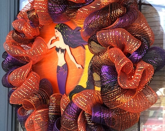 Halloween Mermaid, Hand Painted Wood and Mesh Ribbon Wreath with Moon, Wall Hanging, Door Hanger, Plaque, Indoor or Outdoor, Unique Gift