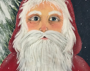 Hand painted Santa Claus Painting, Christmas Canvas Wall Hanging, Holiday Door Hanger, Old Fashioned Santa, Saint Nick Portrait Sign, Unique