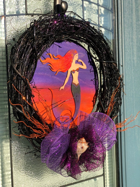 Halloween Mermaid, Halloween Purple and Orange Mermaid Wreath, Fall Door Hanger, Autumn Wall Hanging, Coastal Halloween Decorations