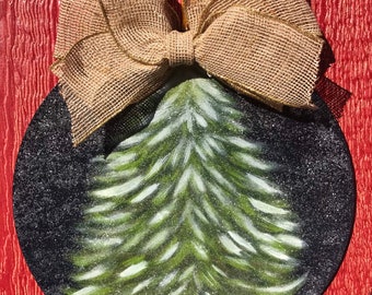 Christmas Tree Painting Round Door Hanger, Winter Wall sign, Holiday Art Plaque