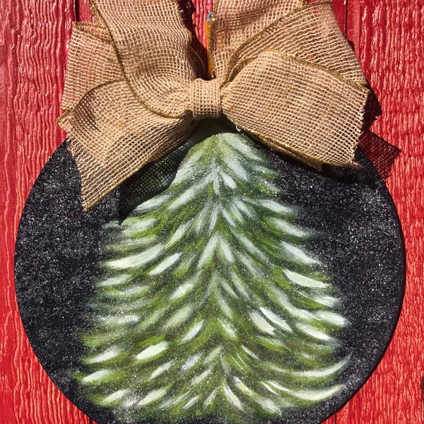 Christmas Tree Painting Round Door Hanger, Winter Wall sign, Holiday Art Plaque