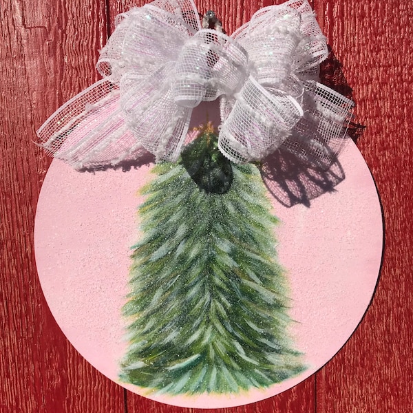 Christmas Tree Painting door hanger, Winter Wall Art, Holiday Wooden Plaque, Christmas Wall Hanging, Festive indoor or outdoor