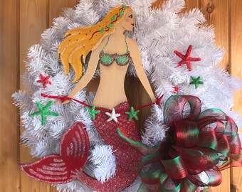 Christmas Holly Mermaid Winter White Wreath, Hand Painted Wood, Snow Queen, Wall, Door Hanger, Plaque, Indoor, Outdoor, Unique Gift, Art