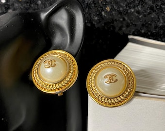 Vintage Chanel logo Rare pearl earrings