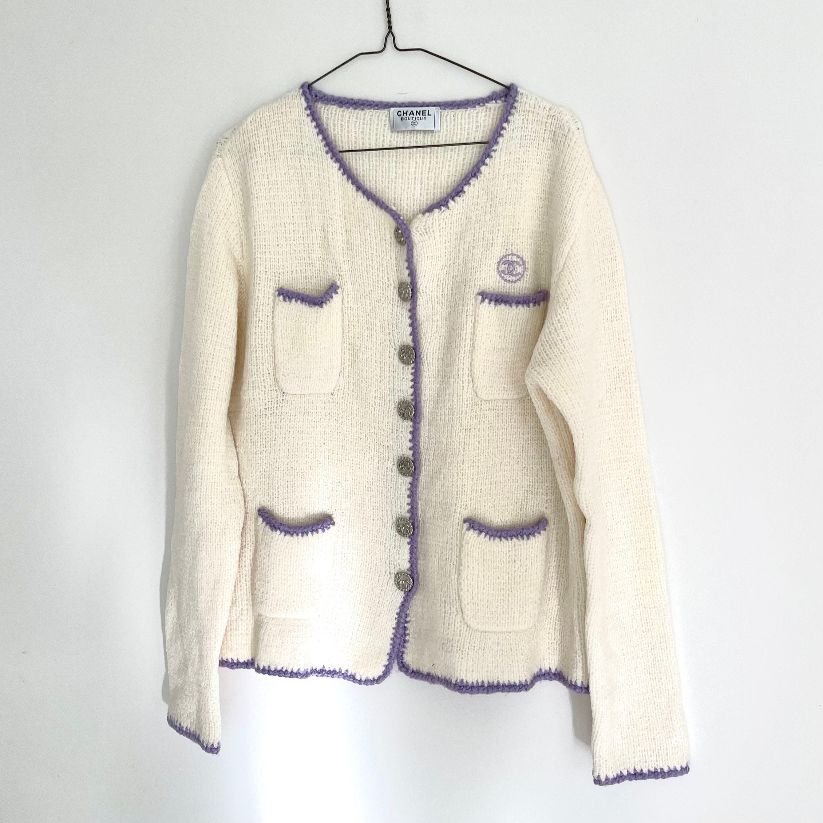 Chanel Tweed Military Collar Jacket Blue / White Cc Buttons Fr 40 / Us 8
