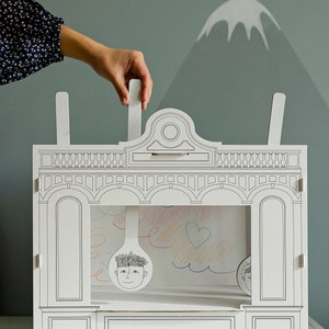 Theatre creative set. Tabletop cardboard puppet theater with characters and DIY figures.