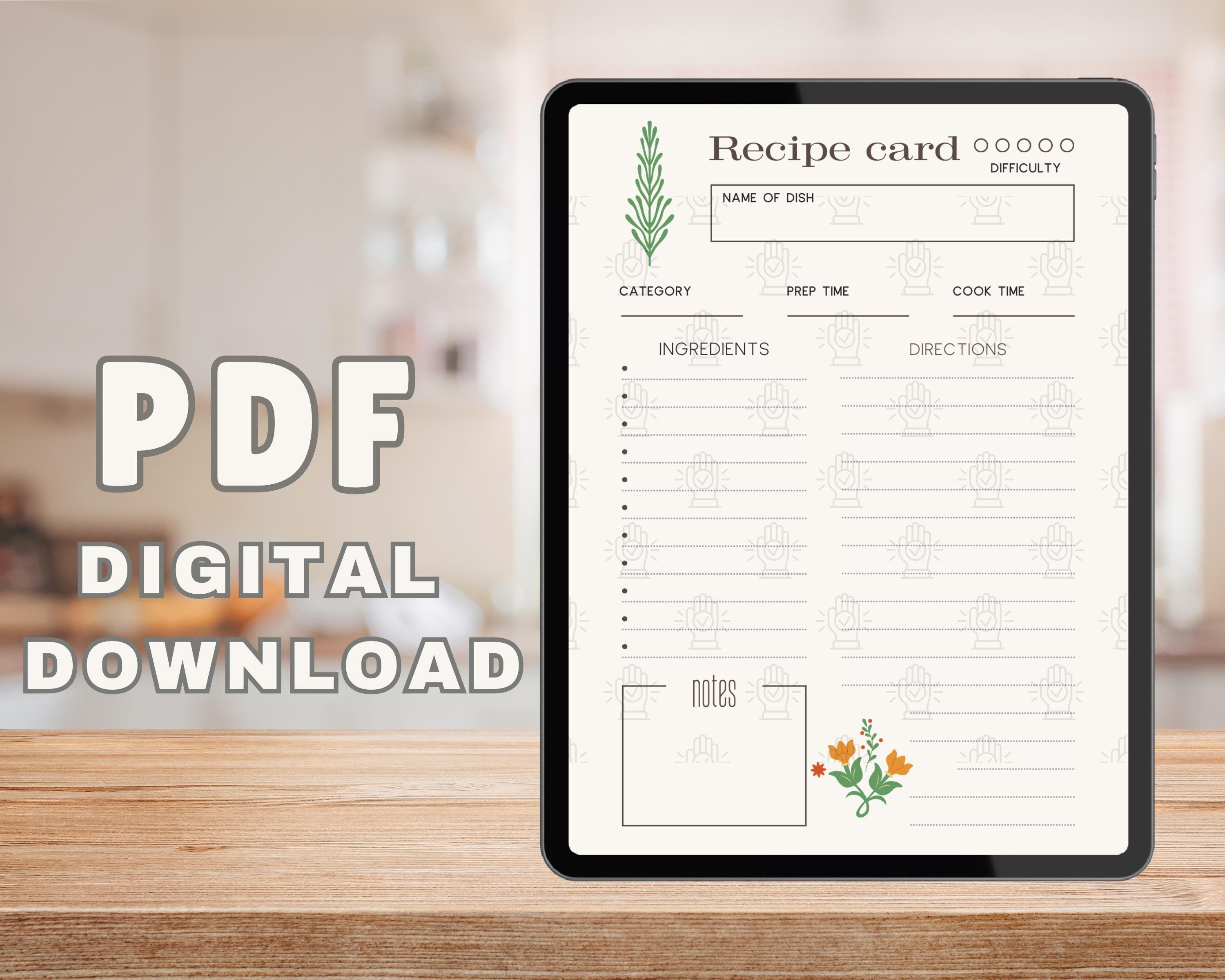 Recipe Note.pdf RECIPE CARD . Personal Recipe Card. PDF File. Digital Download ...